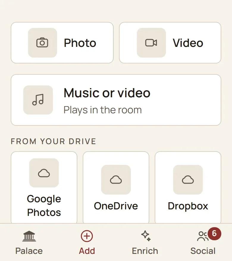 Add: from your device, with the camera or from Google Photos, OneDrive and Dropbox