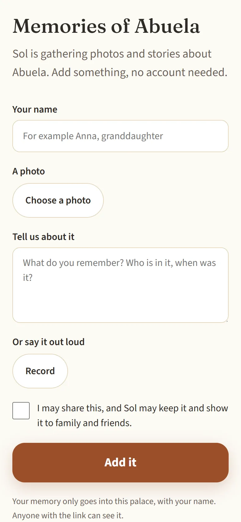 The collection page without an account: memories of Abuela