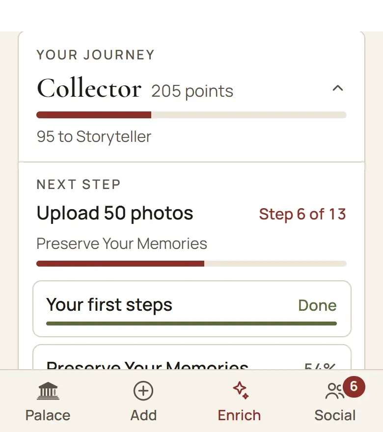 The Enrich screen: tasks such as Who is in it? with your progress