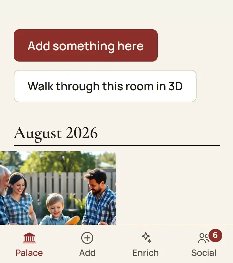 The room Abuelos in the app: the room bar, a button to walk through the room in 3D and the photos by month