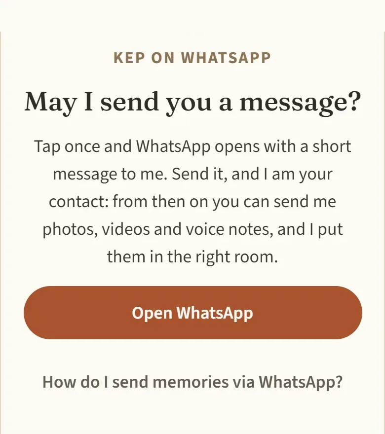 Add via WhatsApp: send photos and voice messages to Kep, the porter